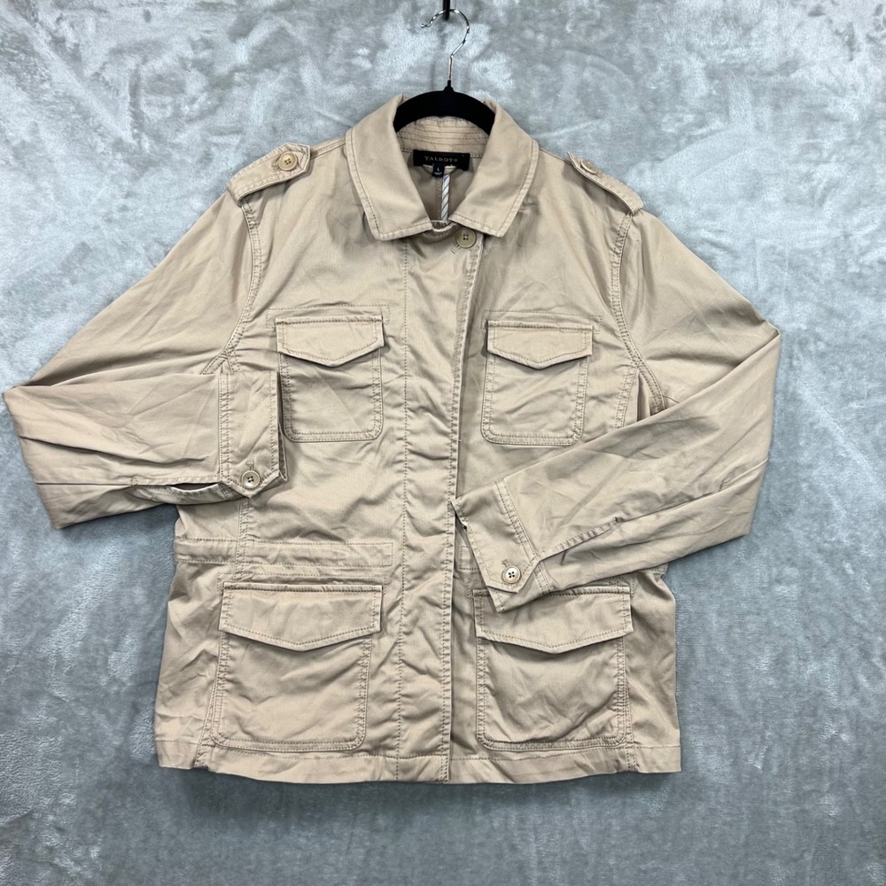 TALBOTS Jacket‎ Women's L Khaki Safari Utility Military Cinch Waist Classic